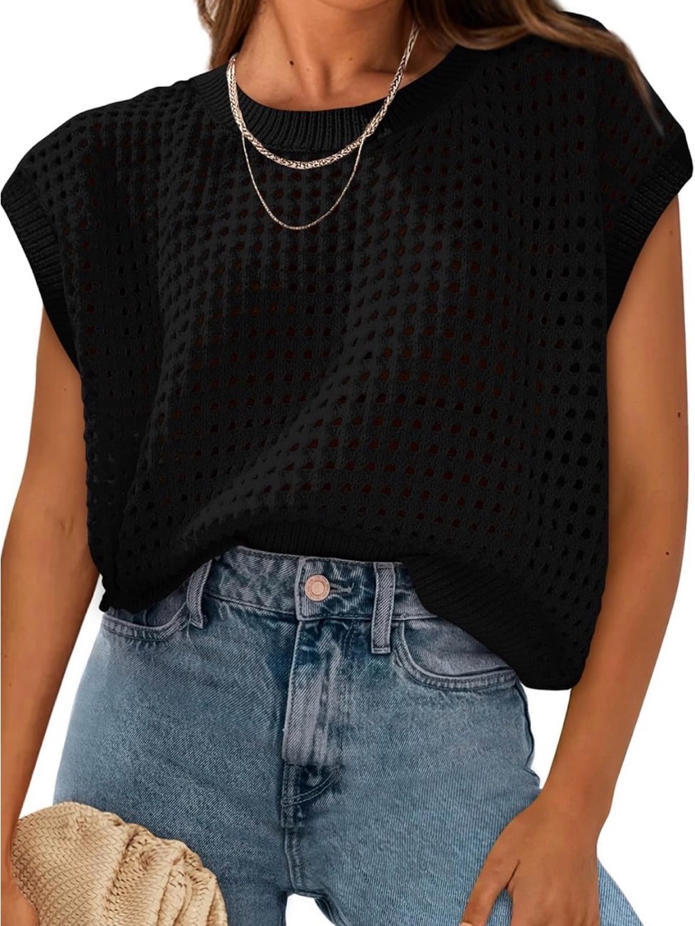 Black Crochet Capped Sleeve Sweater Top - Casual Women's Pullover XL